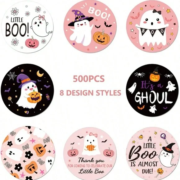 500 Pink Halloween Cute Ghost Stickers Roll Ghouls - Picture 2 of 7